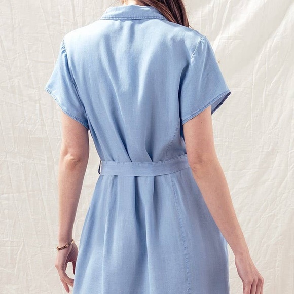 NWOT Purple Chambray Button Front Tie Waist Short Sleeve Dress With Pockets - Picture 5 of 5